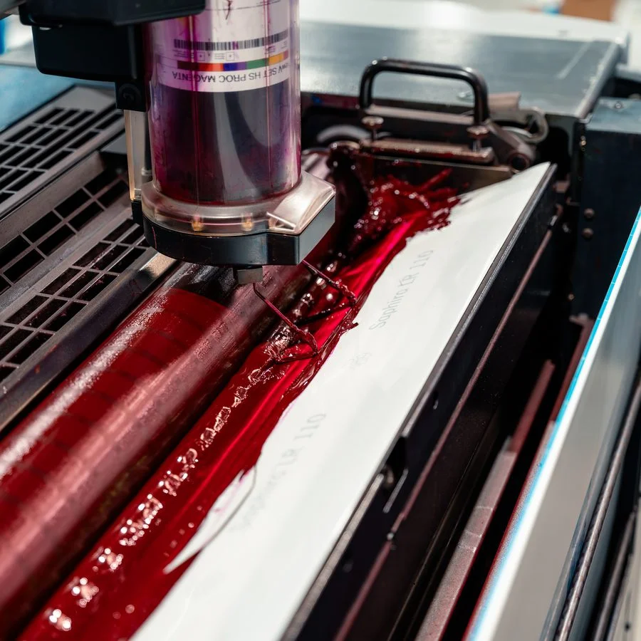 Magenta inkt in de drukpers